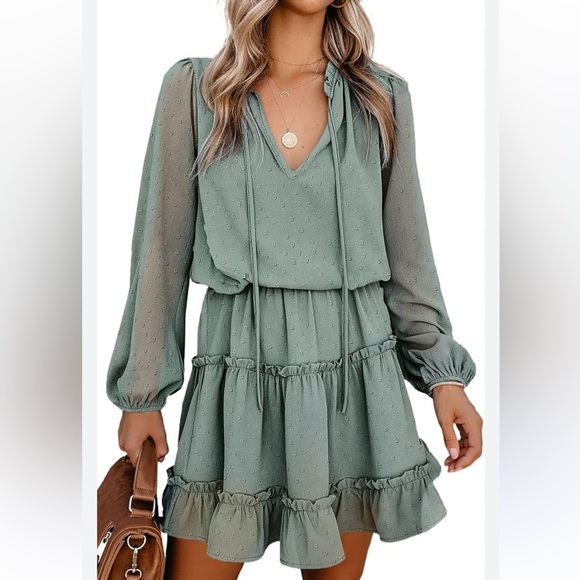 Women’s V-neck drawstring ruffle tiered mini dress NWOT - Picture 1 of 6